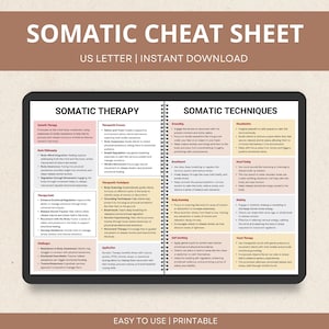 Somatic Therapy Cheat Sheets, Somatic Awareness & Experience, Emotional Regulation, Somatic Healing Exercises, Somatic Treatment Resource