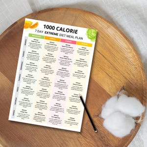 1000 Calories Extreme Diet Plan – 7 Day Low Calorie Meal Plan with printable weekly meal prep chart and low calorie food list. Includes calorie deficit meal plan designed for weight loss, portion control, and healthy eating. Perfect for anyone looking for a structured 7 day diet guide with balanced meals, calorie tracking, and easy-to-follow food prep. Digital download, printable meal planner, and food chart to support diet goals.
