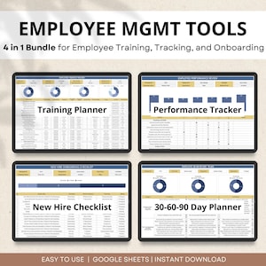 May include: Four Google Sheets templates for employee management. The templates are titled "Training Planner", "Performance Tracker", "New Hire Checklist", and "30-60-90 Day Planner". Each template includes charts and tables for tracking employee progress.