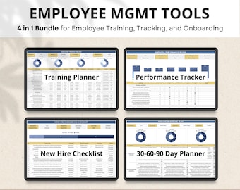 May include: Four Google Sheets templates for employee management. The templates are titled "Training Planner", "Performance Tracker", "New Hire Checklist", and "30-60-90 Day Planner". Each template includes charts and tables for tracking employee progress.