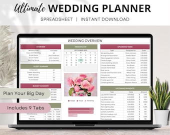 May include: A computer screen displaying a wedding planner spreadsheet with tabs for overview, guest summary, budget summary, planning, and miscellaneous. The spreadsheet includes a calendar for September 2025, a list of upcoming tasks, and a list of upcoming payments.