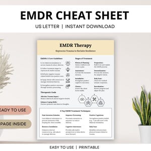 EMDR Therapy Cheat Sheet, Eye Movement Desensitization Reprocessing, PTSD Therapy, Trauma Therapy, EMDR Worksheet, Emdr Therapist Resource