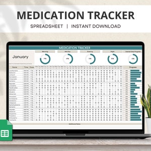 Medicatietracker Google-spreadsheet, dagelijks medicatielogboek, medicatieschema, medicijnlijst, medicatieschema, maandelijks supplementspreadsheet