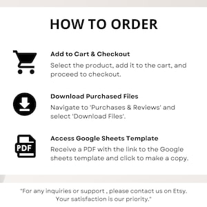 Pu&ograve; includere: Grafica bianca con testo nero che spiega come ordinare. Include istruzioni su come aggiungere al carrello, scaricare i file acquistati e accedere a un modello di Google Sheets. Il testo include anche un messaggio di assistenza clienti.