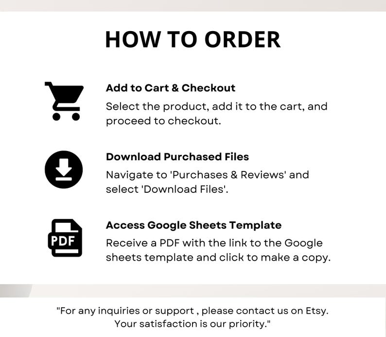 Pu&ograve; includere: Grafica bianca con testo nero che spiega come ordinare. Include istruzioni su come aggiungere al carrello, scaricare i file acquistati e accedere a un modello di Google Sheets. Il testo include anche un messaggio di assistenza clienti.