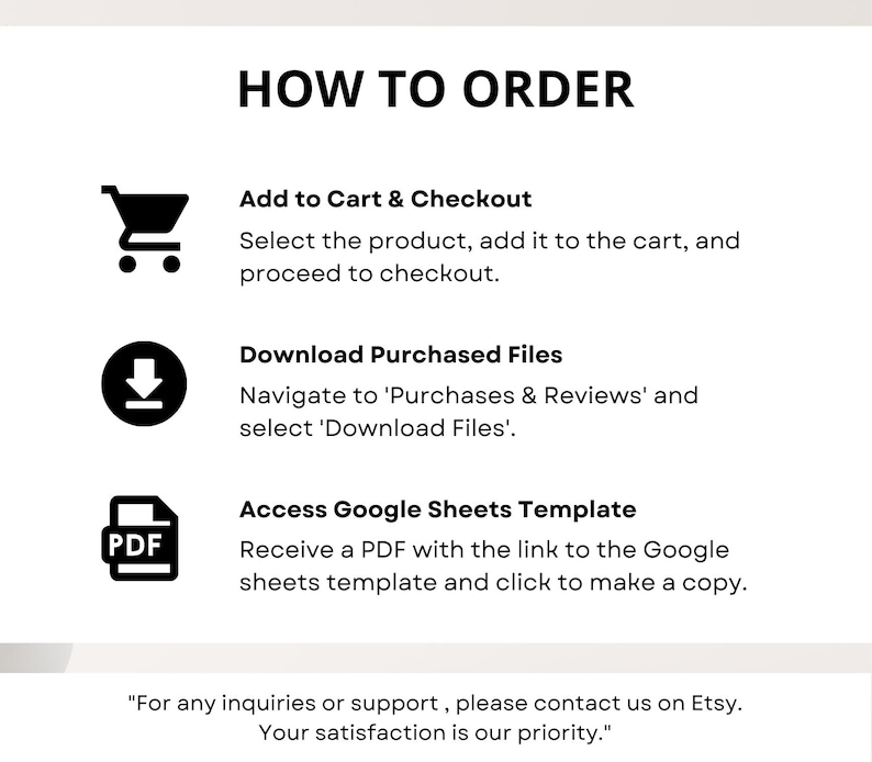 May include: A white graphic with black text that says "HOW TO ORDER" at the top. Below are three steps: Add to Cart & Checkout, Download Purchased Files, and Access Google Sheets Template. The bottom of the graphic says "For any inquiries or support, please contact us on Etsy. Your satisfaction is our priority."