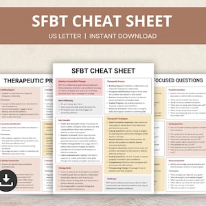 May include: A cheat sheet for Solution Focused Brief Therapy (SFBT) with sections on building rapport, therapeutic process, focused questions, and solution construction. The cheat sheet includes techniques, key concepts, and examples of questions to ask clients.