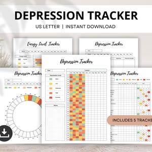 Depressie-tracker, jaarlijkse geestelijke gezondheid-tracker, maandelijkse symptoom-tracker, angst-tracker, afdrukbaar gedachtendagboek, energieniveau-tracker