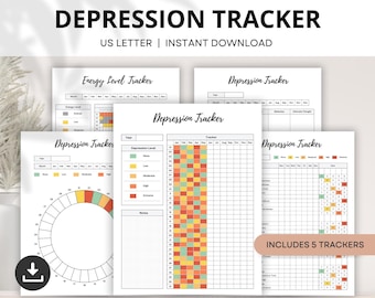 Depression Tracker, Yearly Mental Health Tracker, Monthly Symptom Tracker, Anxiety Tracker, Printable Thought Journal, Energy Level Tracker