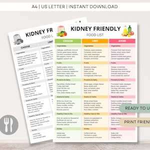 Op de afbeelding: Een afdrukbare "Nier Vriendelijke Voedingslijst" met secties voor "Kies", "Beperk" en "Vermijd". De tekst bevat "Klaar voor gebruik" en "Printvriendelijk" voor gemakkelijk gebruik.