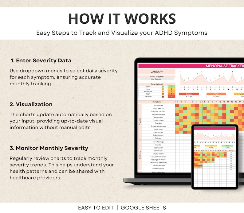 May include: A computer screen displaying a spreadsheet with a calendar and a chart. The spreadsheet is titled "Menopause Tracker" and shows a list of symptoms and their severity levels. The calendar shows the days of the month and the chart shows the severity of the symptoms over time. The spreadsheet is designed to help track and visualize menopause symptoms.
