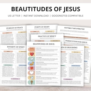 May include: A collection of printable digital pages titled "BEATITUDES OF JESUS". The pages feature text and illustrations, with headings like "PURSUIT OF PEACE", "PURITY OF HEART", and "PRACTICE OF MERCY". The text "US LETTER | INSTANT DOWNLOAD | GOODNOTES COMPATIBLE" is also visible.