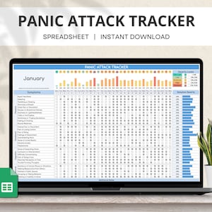 May include: A digital spreadsheet on a laptop screen titled "Panic Attack Tracker" with a calendar for the month of January. The spreadsheet includes a list of panic attack symptoms and a severity level scale. The spreadsheet is designed to help track and manage panic attacks.