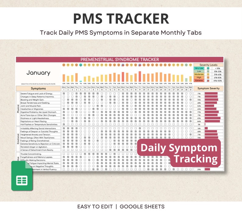 May include: A printable PMS tracker in a Google Sheet format. The tracker is designed to track daily symptoms in separate monthly tabs. The tracker includes a list of symptoms, a severity level scale, and a daily symptom tracking grid.