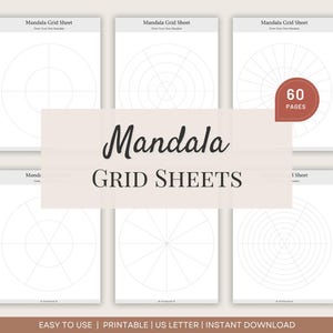 Peut inclure: Feuilles de grilles de mandalas imprimables, 60 pages, faciles à utiliser, format lettre US, téléchargement instantané. L'image montre six designs de grilles de mandalas différents.