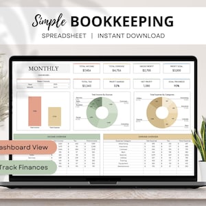 Puede incluir: Una computadora portátil muestra una hoja de cálculo de contabilidad con datos financieros, incluyendo ingresos, gastos y métricas de ganancias. La pantalla muestra gráficos y tablas con el texto "Simple BOOKKEEPING SPREADSHEET | INSTANT DOWNLOAD". Las palabras "Dashboard View" y "Track Finances" también son visibles.