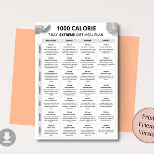 1000 Calories Extreme Diet Plan – 7 Day Low Calorie Meal Plan with printable weekly meal prep chart and low calorie food list. Includes calorie deficit meal plan designed for weight loss, portion control, and healthy eating. Perfect for anyone looking for a structured 7 day diet guide with balanced meals, calorie tracking, and easy-to-follow food prep. Digital download, printable meal planner, and food chart to support diet goals.
