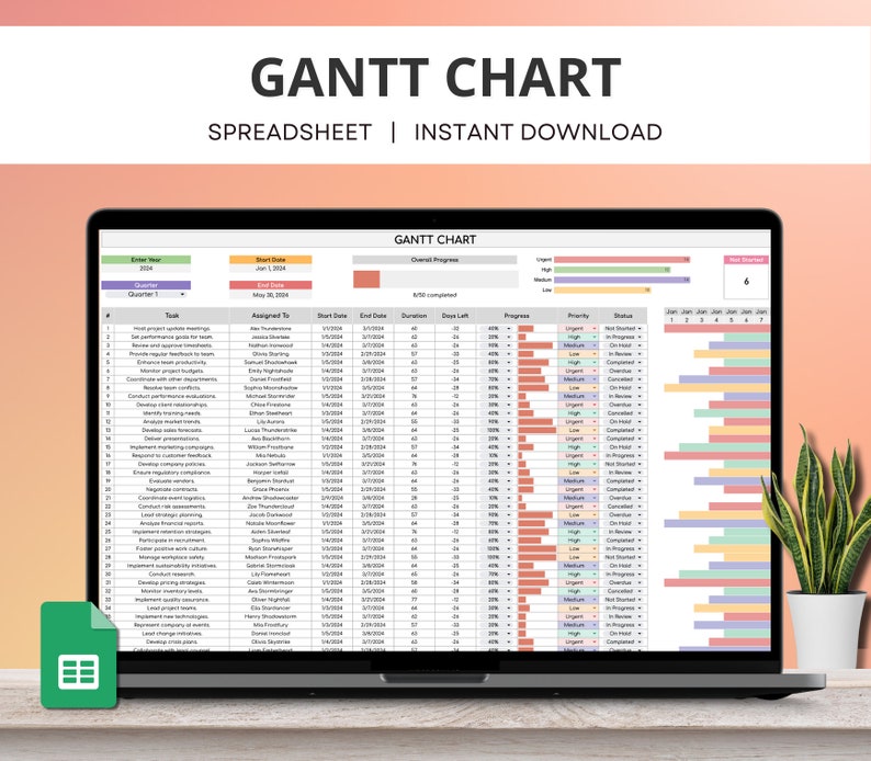 Pode incluir: Um modelo de planilha de gr&aacute;fico de Gantt para gerenciamento de projetos. A planilha &eacute; exibida na tela de um laptop com um &iacute;cone verde e branco de uma planilha no canto inferior esquerdo. A planilha tem colunas para a tarefa, atribu&iacute;da a, data de in&iacute;cio, data de t&eacute;rmino, dura&ccedil;&atilde;o, dias restantes, progresso, prioridade, status e uma visualiza&ccedil;&atilde;o de calend&aacute;rio para janeiro de 2024.
