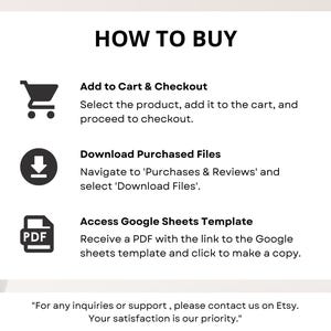 May include: A black and white graphic illustration of a shopping cart, a download arrow, and a PDF document. The text "HOW TO BUY" is at the top of the image. The text below each icon explains how to purchase and download digital files from Etsy.