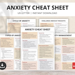 May include: A printable anxiety cheat sheet with four sections: Cycle of Anxiety, Types of Anxiety, Challenge Anxious Thoughts, and Anxiety Management. Each section includes a list of symptoms, treatments, and coping mechanisms.