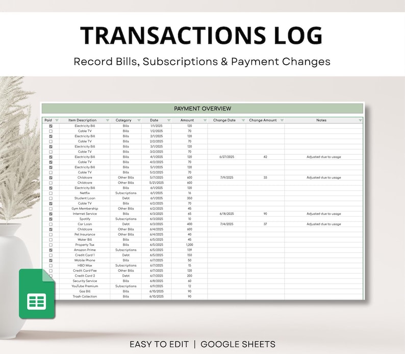 Smart bill tracker spreadsheet in Google Sheets. Monthly bill organizer and payment planner with calendar view for personal finance management.