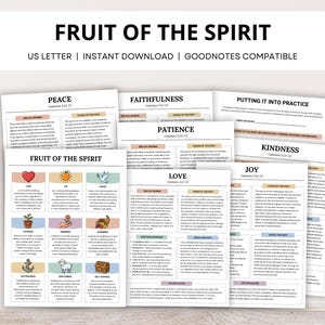 Op de afbeelding: Een verzameling digitale, afdrukbare pagina's met de titel "FRUIT OF THE SPIRIT" in vette zwarte letters. De pagina's bevatten informatie over onderwerpen als liefde, vreugde, vrede en vriendelijkheid. De tekst "US LETTER | INSTANT DOWNLOAD | GOODNOTES COMPATIBLE" is ook zichtbaar.