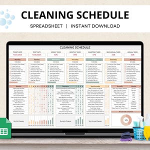 Spreadsheet schoonmaakschema, ADHD-schoonmaakchecklist, overzicht gezinstaken, opruimchecklist thuis, dagelijkse wekelijkse schoonmaakplanner