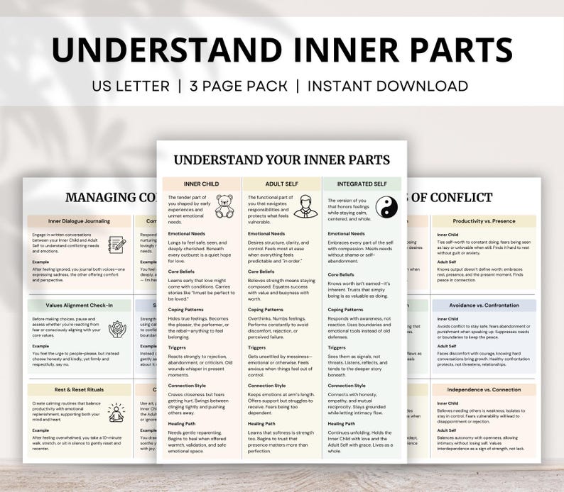 Inner child vs adult self therapy worksheets for healing, recovery, and self-reflection. Printable tools for emotional growth and inner child work.
