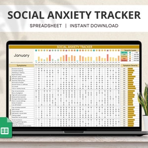 May include: A digital social anxiety tracker spreadsheet for January. The spreadsheet includes a list of symptoms, a severity level chart, and a symptom severity chart. The spreadsheet is displayed on a laptop computer.