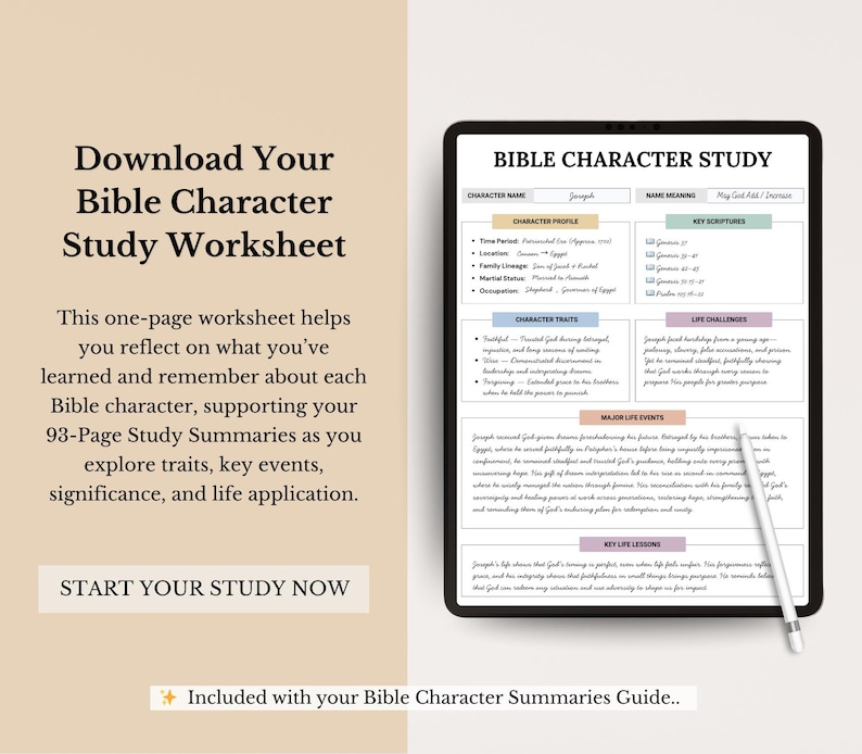 Bible Character Study Guide, Bible Study Notes, 93 Bible Character Summaries, Women of Faith, Old & New Testament Bible Study Planning Tool