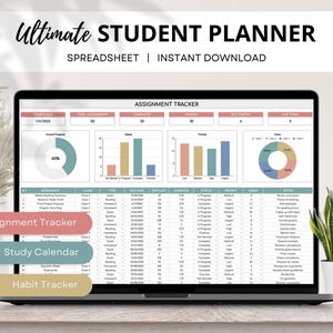Student Planner Spreadsheet, Assignment Tracker, Homework Tracker, Academic Planner, College Study Tracker, University Planner Google Sheets