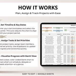 Project timeline tracker spreadsheet with Gantt chart template. Google Sheets project planner for task management and deadlines.
Editable project Gantt chart in Google Sheets. Timeline tracker for organizing tasks, managing projects, and hitting milestones.