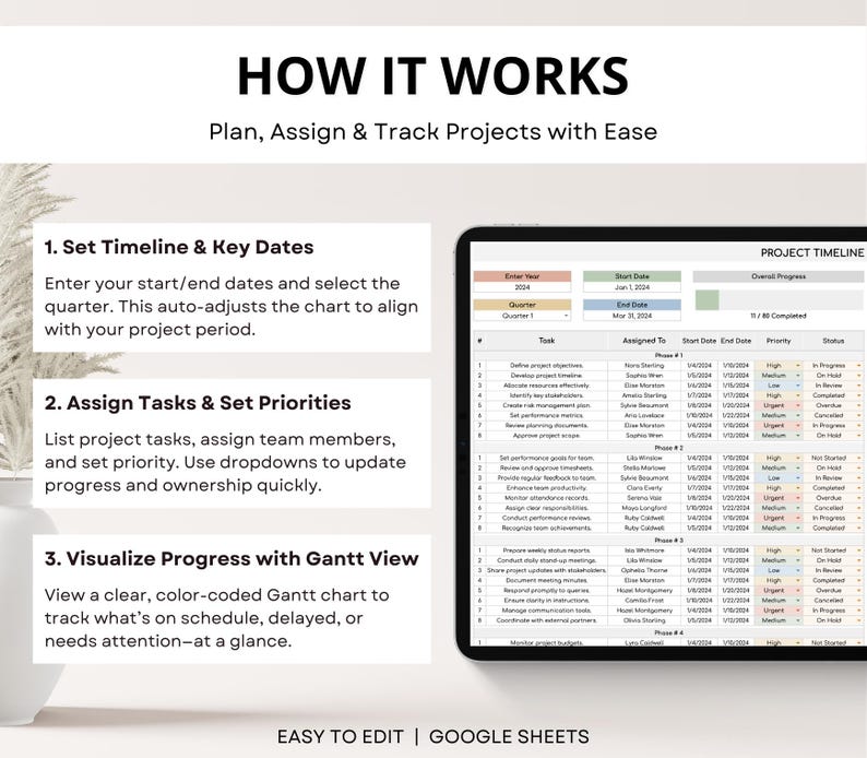 Project timeline tracker spreadsheet with Gantt chart template. Google Sheets project planner for task management and deadlines.
Editable project Gantt chart in Google Sheets. Timeline tracker for organizing tasks, managing projects, and hitting milestones.