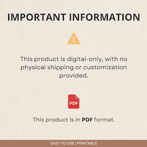 Puede incluir: Un aviso de descarga digital con un signo de exclamaci&oacute;n amarillo y un icono PDF rojo. El texto dice "INFORMACI&Oacute;N IMPORTANTE Este producto es solo digital, sin env&iacute;o f&iacute;sico ni personalizaci&oacute;n. Este producto est&aacute; en formato PDF. F&Aacute;CIL DE USAR | IMPRIMIBLE"