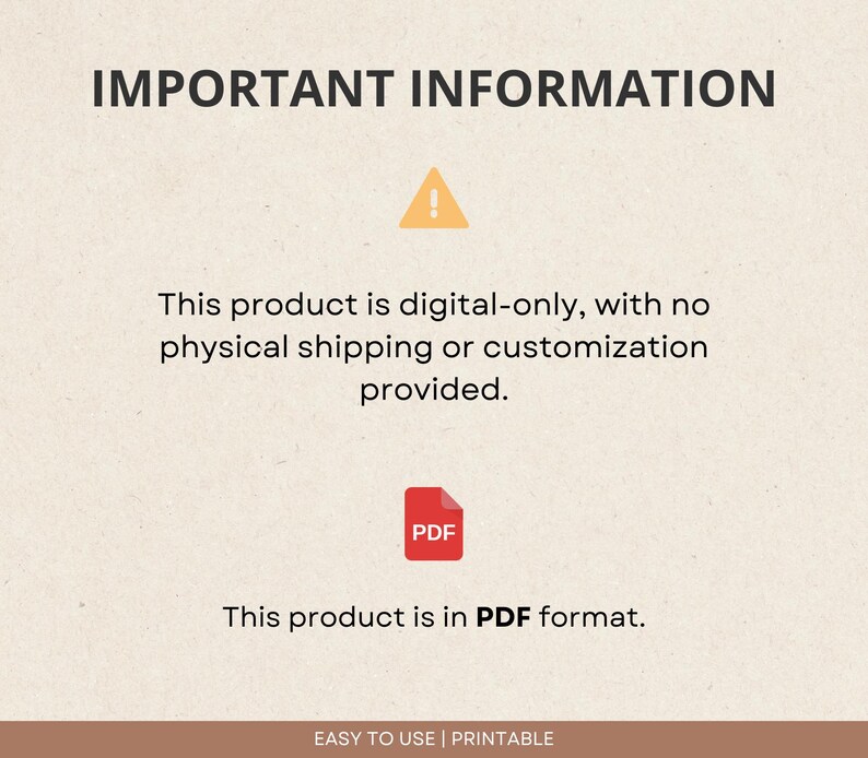 Puede incluir: Un aviso de descarga digital con un signo de exclamaci&oacute;n amarillo y un icono PDF rojo. El texto dice "INFORMACI&Oacute;N IMPORTANTE Este producto es solo digital, sin env&iacute;o f&iacute;sico ni personalizaci&oacute;n. Este producto est&aacute; en formato PDF. F&Aacute;CIL DE USAR | IMPRIMIBLE"