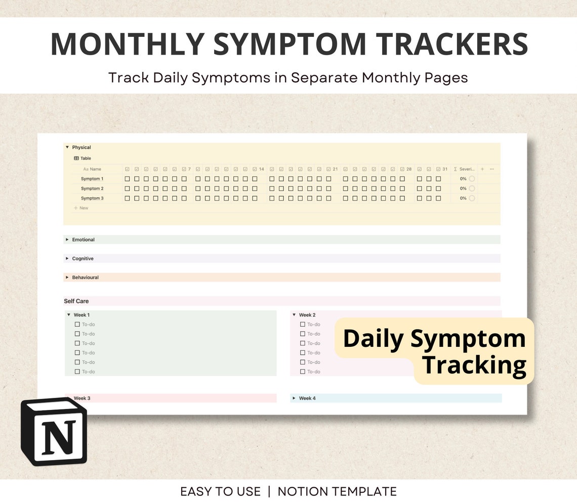 Symptom Tracker, Notion Template, Monthly Symptom Diary, Notion Tracker