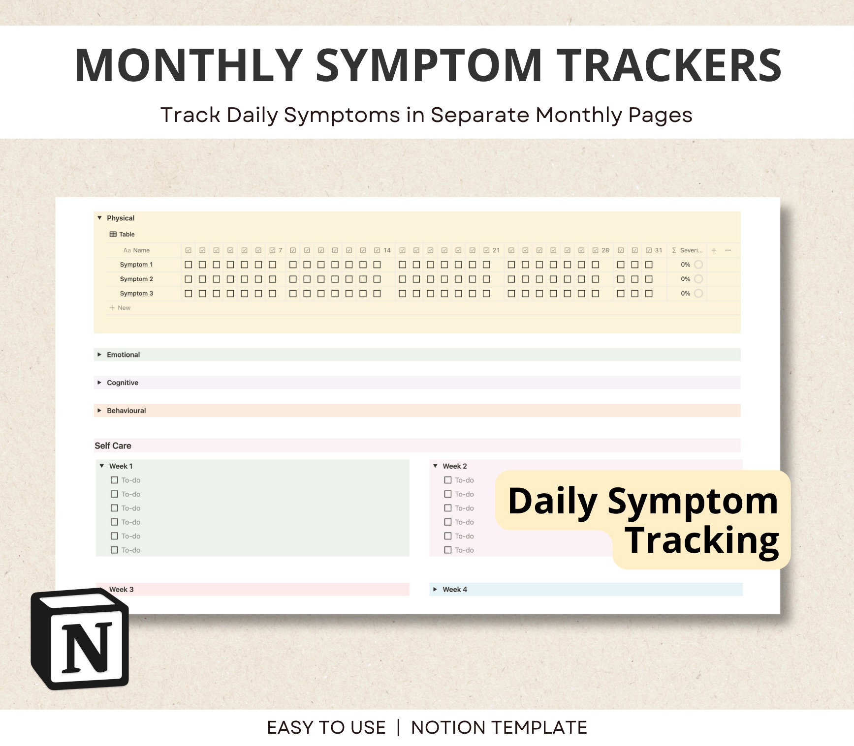 Symptom Tracker, Notion Template, Monthly Symptom Diary, Notion Tracker