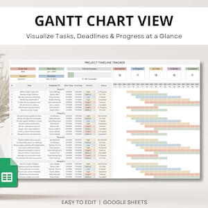 Project timeline tracker spreadsheet with Gantt chart template. Google Sheets project planner for task management and deadlines.
Editable project Gantt chart in Google Sheets. Timeline tracker for organizing tasks, managing projects, and hitting milestones.