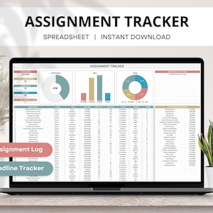 Pode incluir: Um ecrã de computador portátil que mostra uma folha de cálculo intitulada "Assignment Tracker". A folha de cálculo inclui gráficos e diagramas com dados sobre as tarefas, os prazos e o progresso. A folha de cálculo está dividida em colunas com cabeçalhos como "Assignment", "Class", "Due Date", "Status" e "Priority".