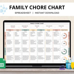 Op de afbeelding: Een digitale takenlijst op een laptopscherm. De lijst is verdeeld in dagen van de week en bevat verschillende huishoudelijke taken. De lijst toont het totale aantal taken, de voltooide taken en de resterende taken. De lijst bevat ook een voortgangsbalk voor elke categorie taken.