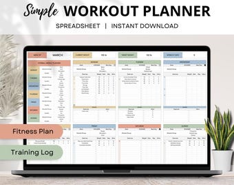 May include: A digital workout planner spreadsheet with a light blue, green, and pink color scheme. The spreadsheet is titled "Simple Workout Planner" and includes a calendar for the month of March, a fitness plan, and a training log.