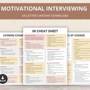 Cheatsheets voor motiverende gesprekstherapie, veranderingsstadia, MI-werkbladen, therapeutaantekeningen, MI-referentieblad, MI-behandelingshulpmiddel