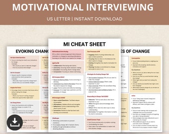 Motivational Interviewing Therapy Cheat Sheets, Stages of Change, MI Worksheets, Therapist Notes, MI Reference Sheet, MI Treatment Resource