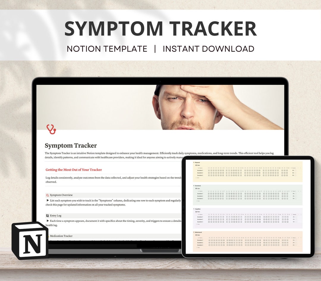 Symptom Tracker, Notion Template, Monthly Symptom Diary, Notion Tracker