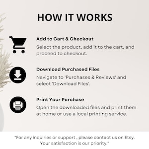 May include: A graphic with the text "HOW IT WORKS" and instructions for purchasing digital products. Steps include adding to cart, downloading files, and printing. The image also includes a decorative vase with dried plants.
