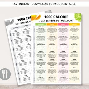1000 Calories Extreme Diet Plan, 7 Day Low Calorie Meal Plan, Weekly Meal Prep Chart, Low Calorie Food List, 7 Day Calorie Deficit Meal Plan