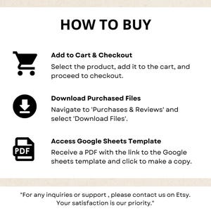May include: A black and white graphic illustration of a shopping cart, a download arrow, and a PDF document. The text "HOW TO BUY" is at the top of the image. The text below each icon explains how to purchase and download digital files. The text at the bottom of the image says "For any inquiries or support, please contact us on Etsy. Your satisfaction is our priority."