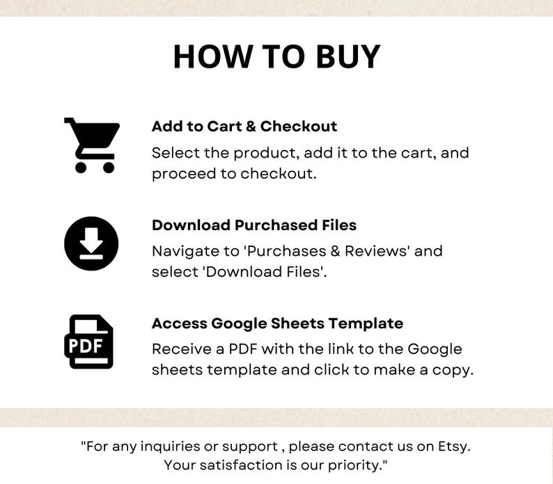 May include: A black and white graphic illustration of a shopping cart, a download arrow, and a PDF document. The text "HOW TO BUY" is at the top of the image. The text below each icon explains how to purchase and download digital files. The text at the bottom of the image says "For any inquiries or support, please contact us on Etsy. Your satisfaction is our priority."