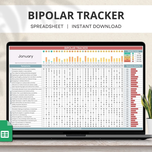 Bipolarer Tracker Google Sheets, Monatlicher Bipolarer Erscheinungsbilder, Täglicher Stimmungs-Tracker, Bipolarer Stimmungsplaner, Tabelle für Bipolare Störungen