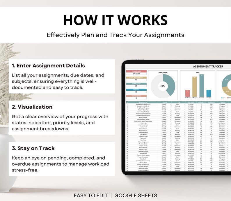 Simple Assignment Tracker Spreadsheet, Student Planner, Academic ...
